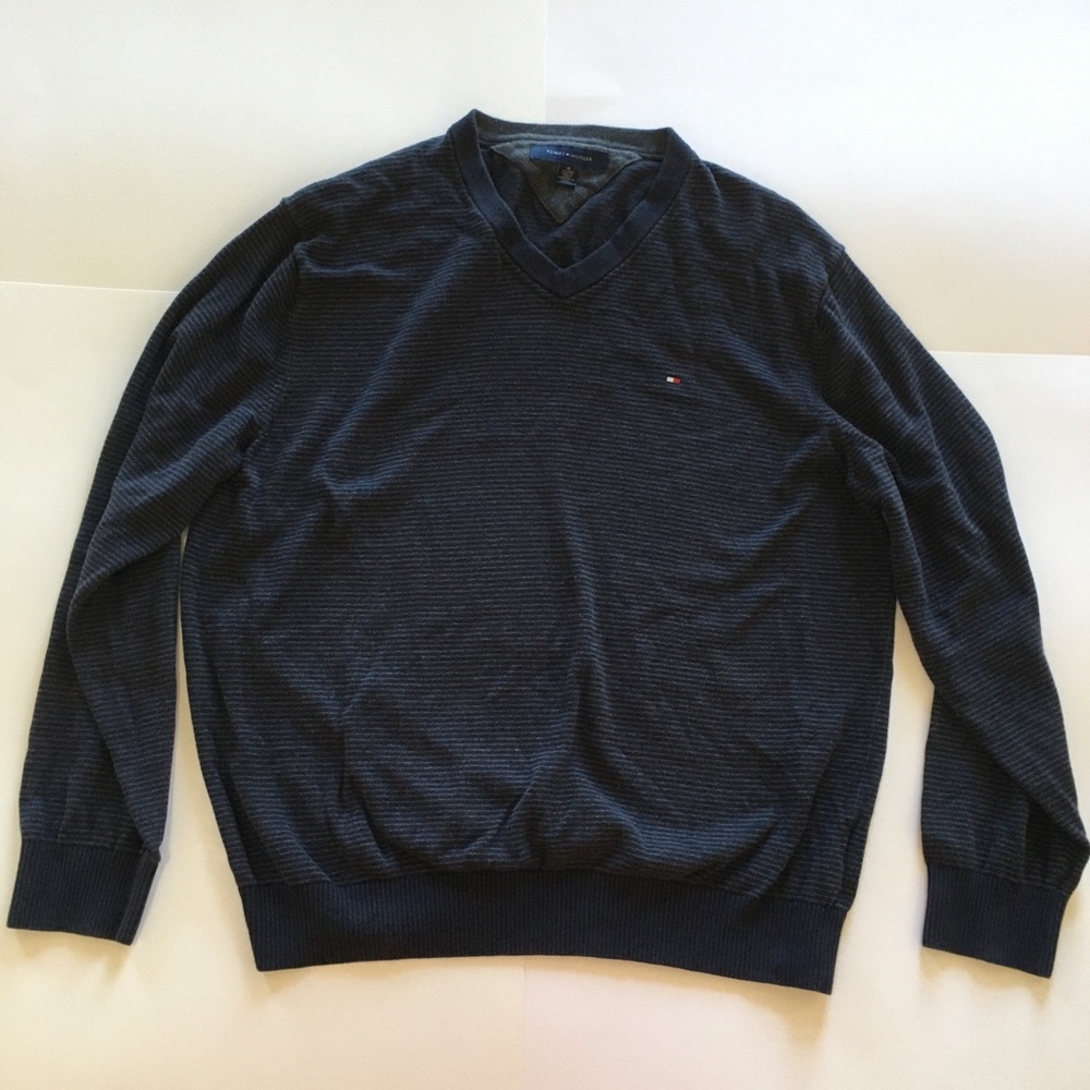 Tommy Hilfiger Navy Blue Striped V-Neck Sweater